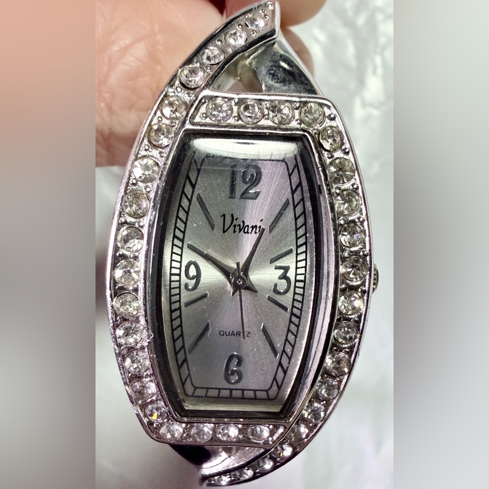 Vivani Rhinestone Bracelet Watch Silver Tone Crystal Accent Oval Face